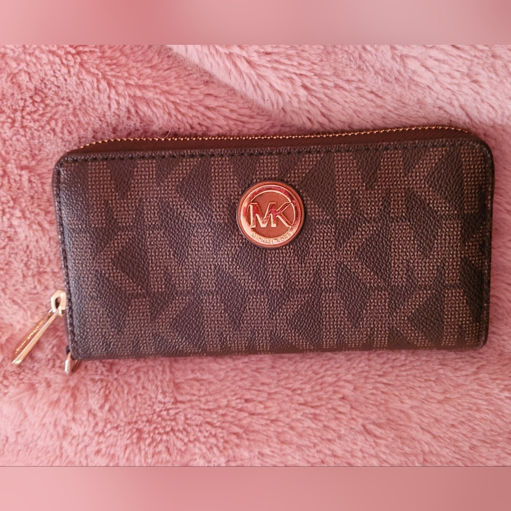 Michael Kors | Large Logo Gold MK Monogram Brown Zip Around Leather Wallet